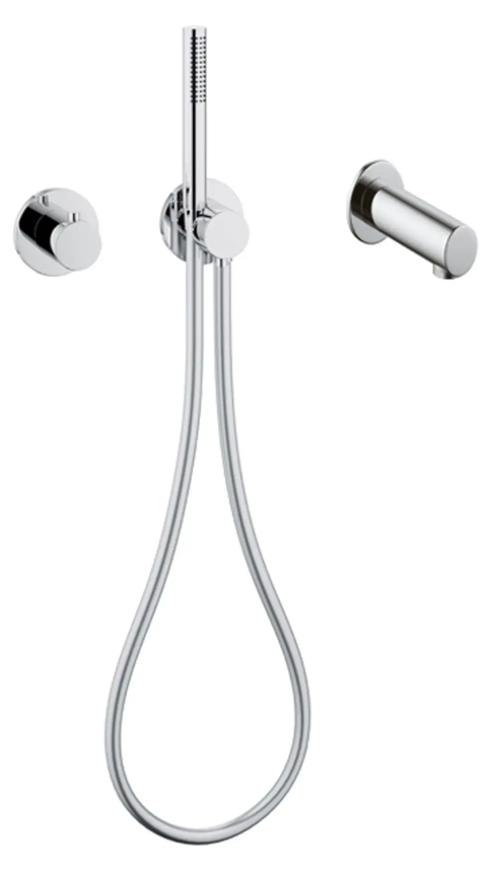 Brause-Set von Keuco mit verchromtem Metallarmatur, bestehend aus einem Handbrausekopf, einer flexiblen Schlauchleitung und einer Wandmontagevorrichtung.